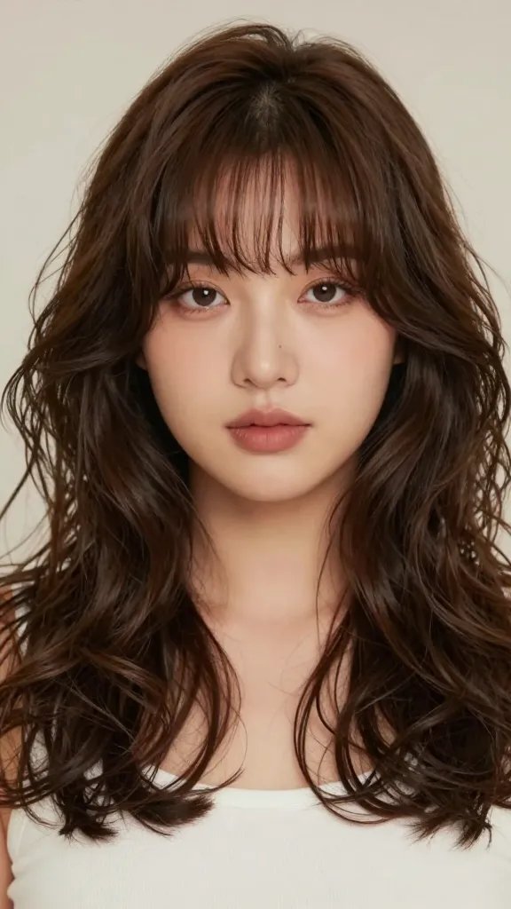 A high-quality, realistic portrait of a confident woman with a round/chubby face, showcasing 6 curtain bangs that skim the eyebrows and part softly in the middle, paired with loose, voluminous curls that frame the sides and add fullness around the head. The lighting is soft and natural, highlighting the gentle waves and the mid-length curtain bangs. The hair texture is defined but with a light hold, suggesting a diffuser-used finish for smooth curl definition and bounce. The overall look is balanced, flirty, and feminine, emphasizing face-softening bangs and voluminous curls without any visible text or accessories. The background is neutral and unobtrusive to keep full focus on the subject and hairstyle.