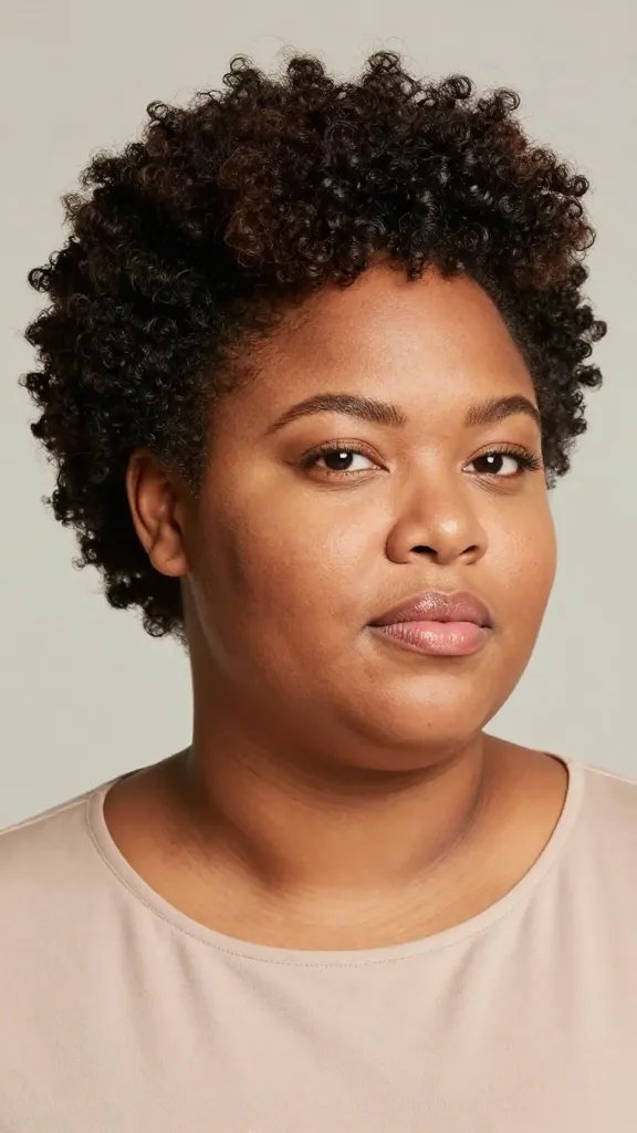 A high-resolution, realistic portrait of a confident adult woman with a chubby-face silhouette, styled in Afro-textured crown hair with tapered sides. The top has a pronounced, airy puff with visible natural curls, using a lightweight gel for definition. The sides are tapered close to the head, reducing bulk near the cheeks to accentuate the facial silhouette. The crown is finger-fluffed for maximum volume, giving a bold, statement-making look that flatters in photos. She wears a simple, elegant top in a solid color to keep the focus on her hair, with soft, natural lighting and a neutral studio backdrop to emphasize texture and volume without any text or overlays.
