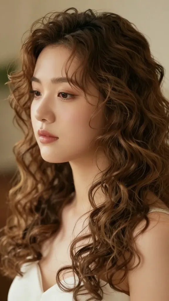 A high-resolution, cinematic portrait of a person with a chubby, rounded face wearing soft, waterfall curls that tumble in graceful waves. The curls should be defined yet natural, with delicate face-framing pieces resting around the cheekbones to sculpt the face, creating a romantic, dreamy vibe. The hair should have light hold to maintain a natural bend, with a subtle, non-stiff finish achieved by a light finishing spray, giving the curls a soft shine without stiffness. The lighting is warm and flattering, highlighting the texture and volume of the curls, with a shallow depth of field that softly blurs the background. The subject is dressed for a wedding or date night, embodying a serene, ethereal mood, and the overall look exudes elegance, softness, and romance. Realistic skin tones, natural makeup, and detailed hair texture should be evident in a high-quality, photo-realistic image. No text on the image.