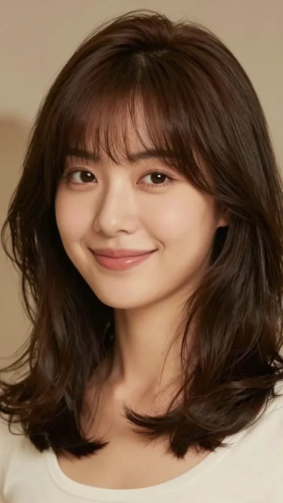 A high-resolution, photorealistic portrait of a cheerful woman with a round face featuring a deep wave bob that hits at the jawline, showcasing a strong lift at the roots for a sculpted silhouette. Her hair has defined, soft waves through the mid-lengths and soft, non-blunt ends to preserve balance, with a natural, slightly voluminous crown achieved using mousse for root lift. She has a gentle, soft fringe that is brushed to the side instead of straight bangs, enhancing facial symmetry. Lighting is warm and flattering, with a shallow depth of field that softly blurs the background, and the subject is posed slightly angled to the camera to emphasize the lift and wave pattern. Realistic textures show glossy, hydrated curls, subtle shine, and natural skin tones. No text on the image.