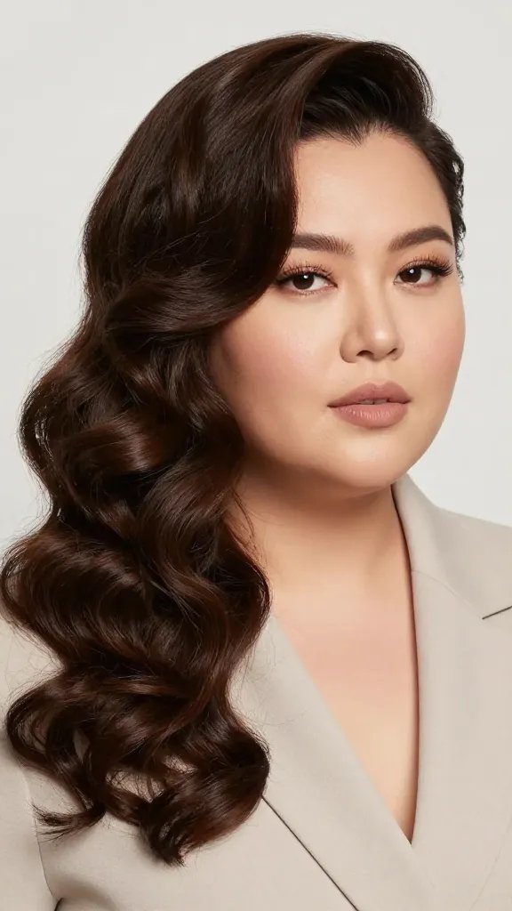 A high-resolution, realism-rich portrait of a confident woman with a chubby face, styled in side-swept curls with ample volume at the crown. Her hair is dark brown and glossy, swooping diagonally across her forehead to the side, creating a long, elegant diagonal line that visually elongates the face. The crown area is lifted and voluminous, with a few soft curls pinned back subtly at the crown using a light styling cream, giving a polished, editorial edge. The rest of the curls cascade smoothly down one side, with defined, bouncy curls and a natural, healthy shine. She wears a sophisticated, minimalist outfit in neutral tones and a soft, natural makeup look that enhances cheekbones and highlights the elongation effect. The lighting is bright yet soft, emphasizing texture and definition in the curls, with a shallow depth of field to keep the focus on her hairstyle. No text on the image.
