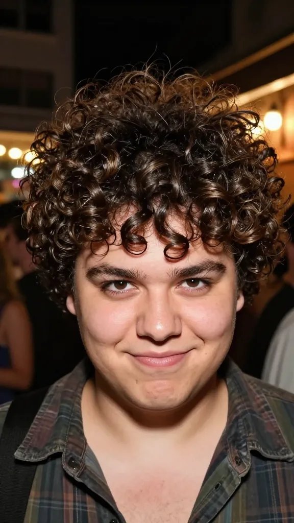 A high-resolution, realistic portrait photo of a confident young adult with a chubby face and voluminous curly hair, styled in a tousled faux hawk with curly ends. The hair is pulled up into a messy center section with the sides left loose and softly curled, giving height and drama while remaining approachable. The subject wears a casual, stylish outfit and a subtle, flexible-hold gel sheen is visible on the hair to emphasize shape. The setting is a lively, well-lit urban venue with warm ambient lighting suggesting a concert or friends&rsquo; night out; the expression is friendly and bold, capturing a sense of fun and confidence. No text in the image.