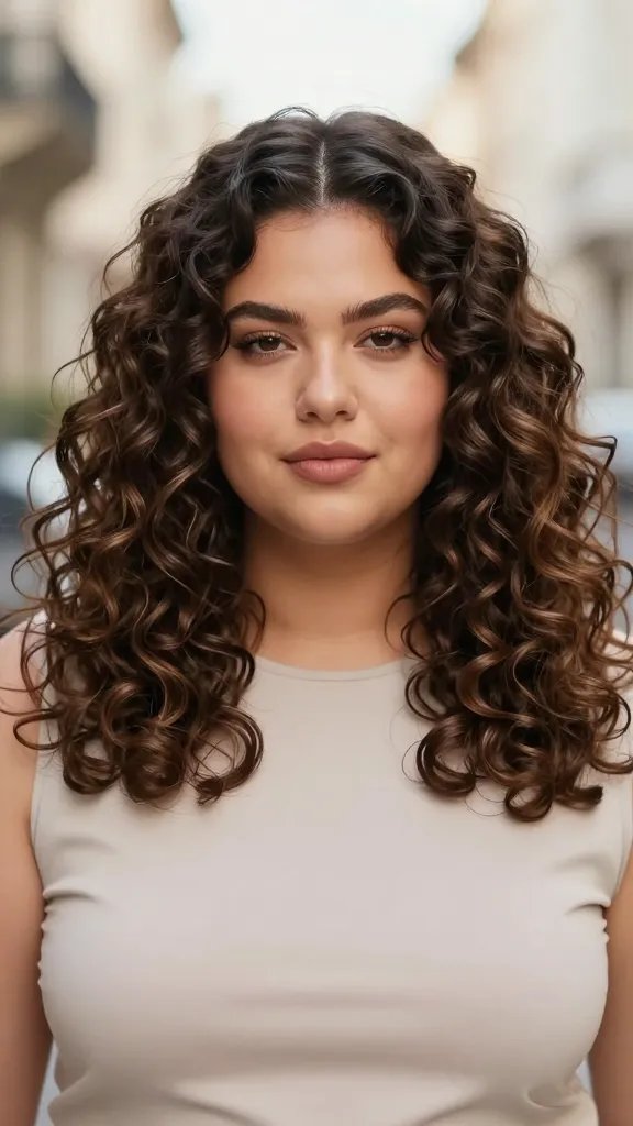 Create a high-resolution, realistic portrait of a stylish, confident person with a chubby face, featuring soft, voluminous mid-length curly hair split perfectly down the middle. The curls should graze the shoulders with natural bounce and defined ringlets, showcasing a glossy, healthy texture. The subject has a warm, radiant complexion and a subtle, natural makeup look that enhances their features without overpowering the hair. They wear a simple, chic outfit in neutral tones and stand against a soft, softly blurred background that suggests a sunlit, everyday-glam vibe. The overall composition should emphasize the mid-length hairstyle, with the curls framing the face and shoulders, exuding effortless elegance and fullness. No text on the image.