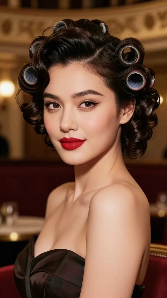 A high-resolution, ultra-realistic portrait of a stylish woman with chubby cheeks wearing a vintage-inspired pin curl hairstyle for a special occasion. She has a warm, radiant complexion, soft makeup with a classic red lip, and subtle winged eyeliner. Her hair is styled in small, glossy vintage pin curls set with rollers, with a few curls brushed out to create a gentle, soft wave pattern that frames her face. The look is polished and glamorous, with a strong-hold spray giving lasting bounce. She is wearing an elegant, timeless dress suitable for an evening event, and the background is a chic, softly blurred theater lounge or ballroom setting with warm lighting that enhances the vintage vibe. The scene exudes old-school glamour meeting modern curls, with the subject exuding confidence and photogenic charm, all in a single, natural pose suitable for a fashion-forward feature photo. No text present in the image.