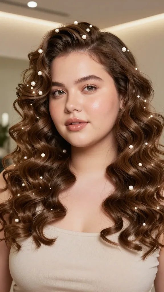 Create a hyper-realistic, high-resolution portrait of a confident, stylish person with a chubby face, showcasing pearl-like, glossy curls with soft volume. The subject stands in a softly lit, modern indoor setting with warm, natural tones. Their hair features uniform, well-defined curls from a wide-barrel curling iron, with a subtle, reflective shine on each curl and gentle volume at the sides to frame the face. They wear minimal, natural makeup to highlight smooth skin, a light, glossy lip, and a touch of highlighter on the cheekbones. The styling suggests a lightweight serum left the curls with a polished, healthy bounce and a flexible-hold mousse gave lift without heaviness, avoiding product overload. The overall look is polished yet effortless, with the curls maintaining shape and preventing droop. The subject gazes slightly off-camera with a relaxed, confident expression, and the background is softly blurred to keep the focus on the hair and face. No text, no logos, just a crisp, studio-quality image.