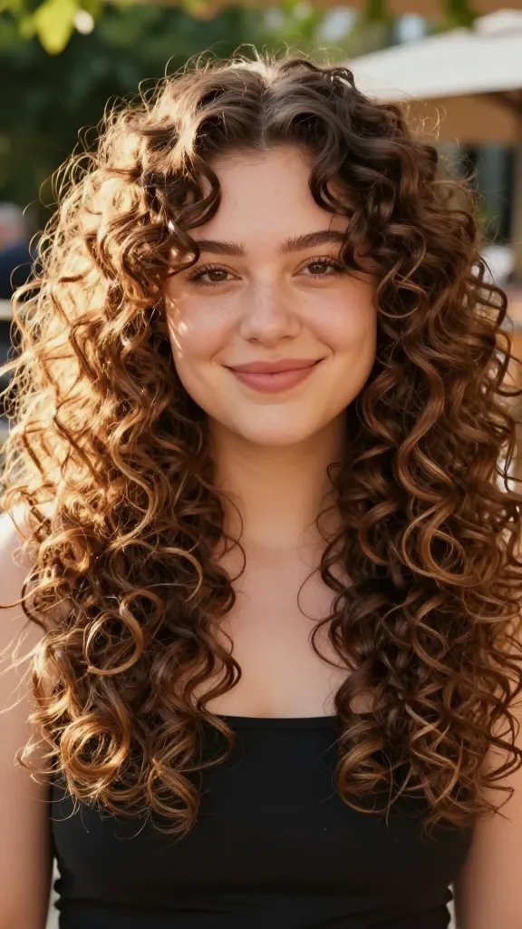 A high-resolution, realistic portrait of a stylish woman with a round, chubby face sporting big, loose curls and a centered part. The hair Should be voluminous with soft, bouncy spirals that frame the face, sections gently defined and finger-curled for a relaxed, natural texture. The center part is clean and symmetrical, showcasing a balanced, open silhouette. The style should look effortless with a light, natural spray finish that adds a touch of shine without stiffness. The setting is a sunny outdoor brunch scene, with warm golden hour lighting, soft greenery in the background, and a candid, confident smile. The subject wears a chic, casual outfit suitable for a daytime event, with minimal accessories to keep the focus on the hair. The overall mood is fresh, playful, and flattering for rounder faces, emphasizing volume and movement in the curls. No text. High-detail, realistic photography.