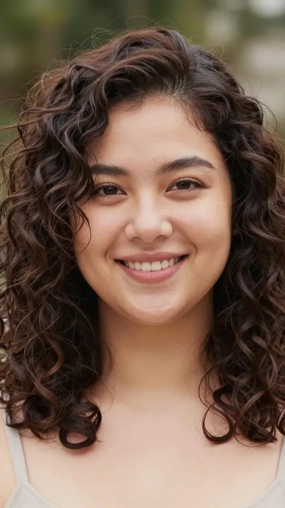 A high-resolution, natural-looking portrait of a smiling woman with a chubby face, standing or posing outdoors in soft, natural light. Her hair is medium-length with small, well-defined ringlets along the sides that frame her face, showing a frizz-free, hydrated texture. The curls are bouncy and evenly distributed, with a subtle, controlled bounce from low-heat diffuser drying. The overall hairstyle emphasizes framing ringlets that contour her cheeks without overpowering them, giving a neat yet playful and fresh look. She has a clear, healthy complexion, minimal makeup, and a relaxed, confident expression. The background is softly blurred (bokeh) to keep focus on her hair and face, with the color palette warm and natural. No text or logos on the image.