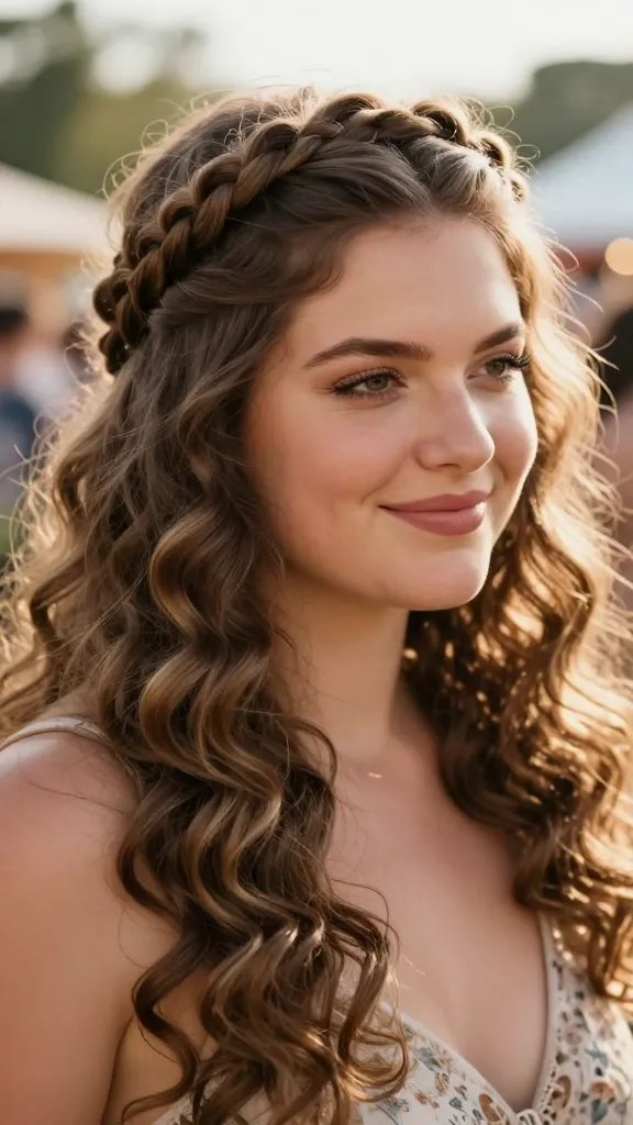 Create a realistic, high-resolution portrait of a joyful woman with a chubby face, styled in a romantic crown braid that spills into loose curls. The crown braid should wrap around the top of her head, starting as a tight French or Dutch braid and loosening as it moves toward the crown, with soft, voluminous curls cascading from the braid to frame her face. The lighting is warm and sun-kissed, enhancing natural skin tones and creating a gentle, magical boho vibe. The background is softly blurred to resemble a festival or outdoor day scene, with hints of greenery and bokeh lights. The subject is posed slightly at an angle, eyes softly smiling, embodying confidence and comfort. The hairstyle should look effortless yet polished, with the curls appearing full and bouncy, and the crown braid neatly integrated into the cascading waves. No text on the image.