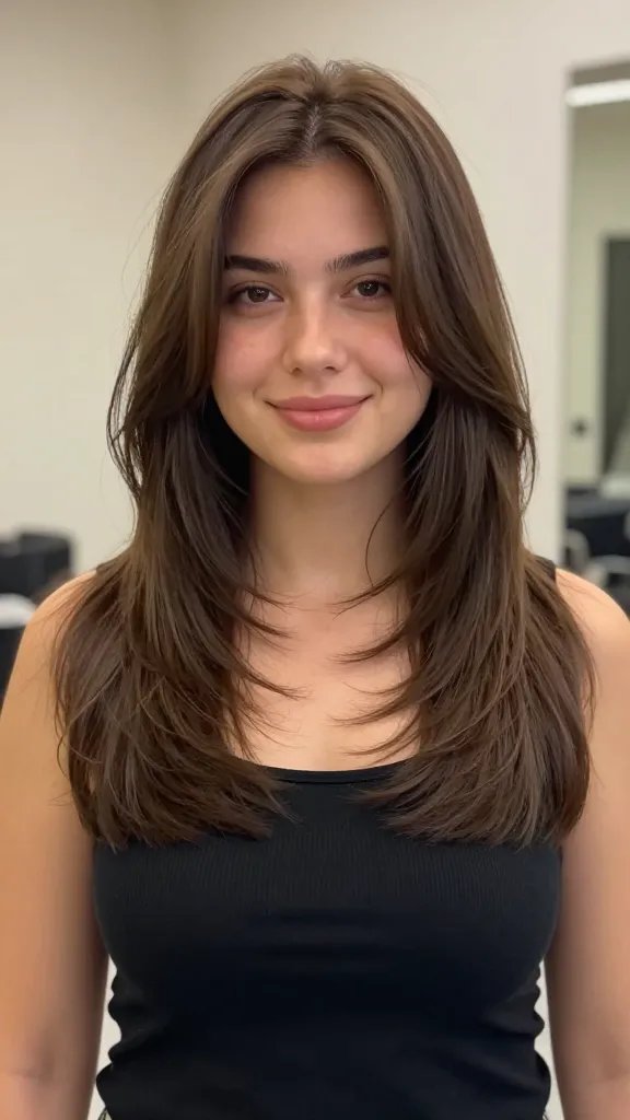 A high-resolution, realistic photograph of a fashionable woman with a chubby rounded face and balanced proportions, showcasing a long bob with a gentle A-line. She is standing in a softly lit, stylish salon or neutral studio backdrop with warm tones. The hair falls just below the chin to near the collarbone, with a subtle, angled A-line that gently angles outward from the face, creating a vertical line that visually shortens the jaw area. Include soft layers to remove heaviness, and the hair faces the camera with a downward sweep to emphasize elongation. Style should be natural-looking with light beachy waves for added movement and vertical elongation. The overall look is polished yet relaxed, with the subject maintaining confident, relaxed posture and a slight, natural smile. No text or branding in the image.
