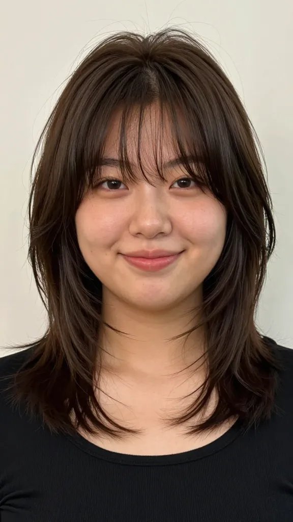 A realistic, high-quality portrait of a young adult with a chubby round face, styled in a layered shag haircut with face-framing pieces. The hair should have textured, diagonal layers that slim the cheeks and jawline, with long enough layers to frame the face and add movement. The subject stands in a soft, well-lit studio setting with a neutral backdrop, natural makeup that enhances features without harsh lines, and subtle styling products like a light texture spray to create effortless volume. The look exudes edgy yet approachable vibe, avoiding any visible text on the image. The subject&rsquo;s expression is confident and relaxed, with a slight smile, shoulders angled to showcase the face-framing layers prominently. The lighting highlights the texture and depth of the layers, showing realistic hair shine and movement. Include a hint of natural volume at the crown and smooth blending at the ends to emphasize a flattering, modern layered shag.
