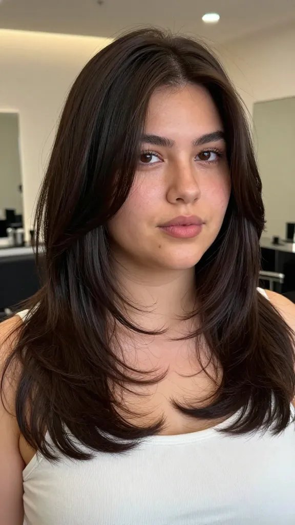 Create a realistic, high-quality portrait photograph of a confident woman with a chubby round face, demonstrating a deep side part with long layers. She stands in a softly lit, chic salon environment with neutral tones and minimal background distractions. Her hair is styled in a deep side part that drapes across the forehead, creating a slimming diagonal that visually lengthens her face; long, subtle layers frame her cheeks and jawline, adding movement and lift. The hair has a healthy, silky sheen, with a touch of volume at the crown achieved by a light brush-through using a round brush and a light styling cream to maintain the shape. The overall look is polished yet effortless, conveying a quick, upgrade-ready hairstyle suitable for everyday wear. The subject should be centered, making direct soft eye contact with the camera, with natural makeup that enhances her features without overpowering the hair detail. No text on the image.