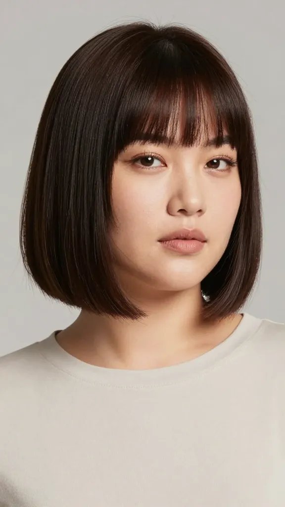 A high-resolution, realistic portrait of a confident, fashionable woman with a chubby round face, showcasing a blunt lob hairstyle that falls at or just below the collarbone. The hair should appear sleek with subtle, hidden texture throughout the length, giving a modern, structured look without heaviness around the jawline. The crown area should have minimal layering to maintain smoothness, and the overall finish should be polished with a light, natural sheen. The lighting is soft and flattering, highlighting the clean lines of the blunt ends and the gentle texture. The subject wears a simple, elegant top in a solid, neutral color to keep the focus on the haircut, with a poised, relaxed expression that conveys confidence. Realistic details: individual hair strands, slight shine, natural skin tone, subtle shadows to define facial contours, and a shallow depth of field to emphasize the hairstyle. No text or logos in the image.
