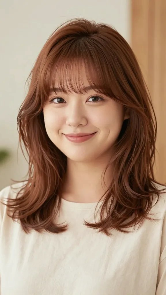 A high-resolution, ultra-realistic portrait of a young woman with a chubby round face, soft skin glow, and a confident smile. She has shoulder-length hair styled with light, natural waves and curtain bangs that gently part in the middle, framing her eyes. The lighting is soft and flattering, highlighting the vertical line created by the curtain bangs to subtly slim the face. The hair color is a warm chestnut with subtle sun-kissed highlights. She wears a chic, casual outfit in neutral tones (for example a cream blouse or a soft pastel top) and minimal, natural makeup that enhances the eyes. The background is a softly blurred, airy indoor setting with hints of warm beige and light wood textures to convey a playful yet chic vibe. The overall mood is effortless, stylish, and fresh, with the subject looking toward the camera as if captured in a candid, flattering moment. No text on the image.