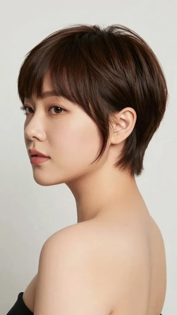 A high-resolution, realistic portrait of a stylish woman with a chubby round face wearing an A-line pixie hairstyle with a nape-length back. The crown has subtle structuring to create height, while the back tapers and hugs the neck for an elongated silhouette. The bangs are slightly longer and swept to the side, showcasing a soft, sweeping fringe. The back section is shaved or tapered for contrast, giving a chic, modern vibe. She stands against a clean, softly lit studio background with natural skin tones, a bright but natural-looking lip color, confident expression, and minimal makeup to emphasize the hairstyle&rsquo;s shape. The overall composition highlights the jawline and neck elongation, with crisp hair texture and realistic lighting that enhances the hair&rsquo;s volume and the sleek back. No text in the image.