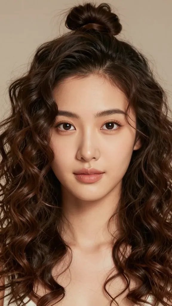 A high-resolution, realistic portrait of a confident woman with a soft, oval face wearing a half-up hairstyle with gentle curls. The crown is slightly elevated into a small, polished half-up bun/clip, creating subtle height to elongate the face, while loose, voluminous curls cascade over her shoulders to soften features. The lighting should be warm and flattering, emphasizing cheekbones and eyes, with natural makeup that enhances a fresh, day-to-night look. The background is neutral and softly blurred to keep the focus on the subject, ensuring no visible text on the image. The subject exudes a playful yet elegant vibe, suitable for a magazine-quality beauty shoot.