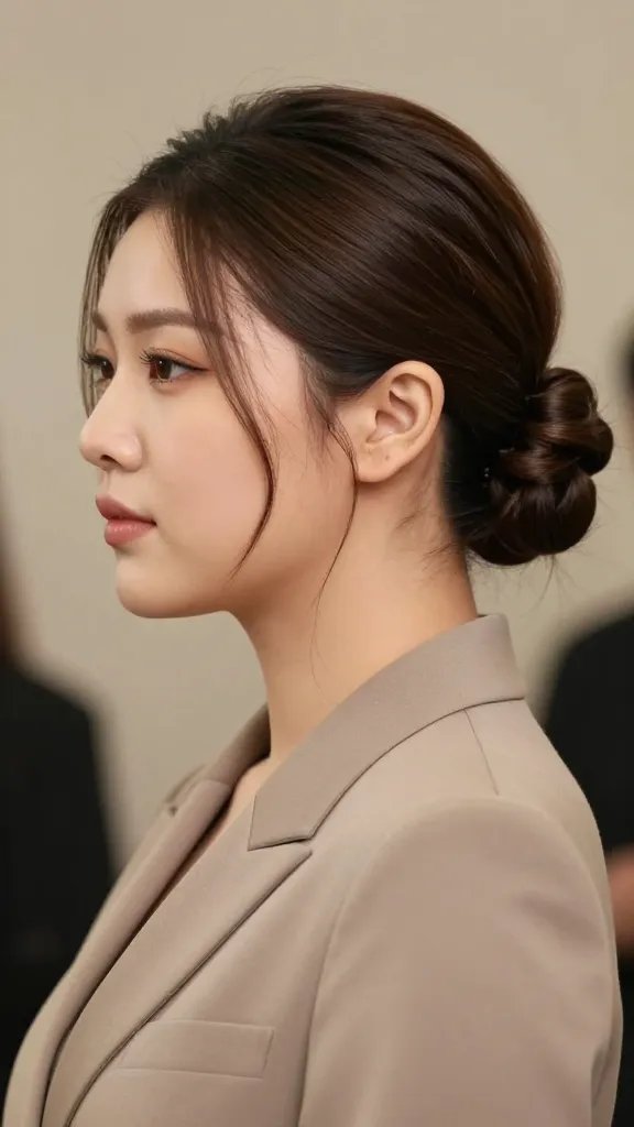 A high-resolution, realistic portrait of a stylish woman with a chubby round face, showcasing a sleek low bun with two elongated face-framing strands twisted and pinned for a clean, polished finish. The hairstyle creates a vertical line that subtly elongates and slimms the face, while the rest of the hair is neatly gathered at the nape in a sophisticated low bun. The subject has soft, natural makeup emphasizing defined cheekbones and a refined eyeliner look, wearing a classic, elegant outfit suitable for formal events (e.g., a tailored blazer or sleek dress) in a neutral-toned setting. The background is softly blurred to keep the focus on the hairstyle and facial structure, with warm, flattering lighting that adds depth and natural skin tones. The image should look like a candid, studio-quality fashion editorial shot, with meticulous detail on the bun, twist, and face-framing strands. No text on the image.