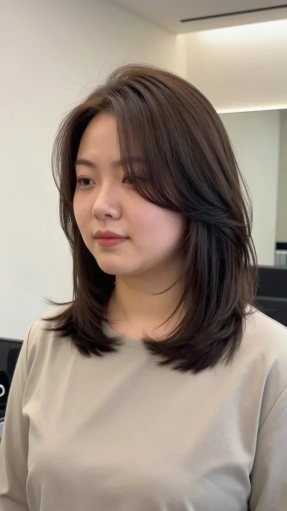 A realistic high-quality portrait photo of a woman with a chubby round face modeling a shoulder-length haircut with a gentle inward curl that hugs the jawline. The hair should have smooth, glossy strands ending in a subtle inward curl along the ends, creating a slimming contour along the jaw and neck. The subject stands in a softly lit, modern indoor setting with neutral-toned walls and a hint of natural light from a window, wearing a simple, elegant blouse in a solid, flattering color. The hairstyle should look effortless and classy, with a light hairspray sheen visible and natural texture. The camera angle is at eye level to emphasize the jawline and neck, capturing a clear, front-facing but slightly angled view to highlight the inward curl and overall balance of the face. No text or logos in the image.