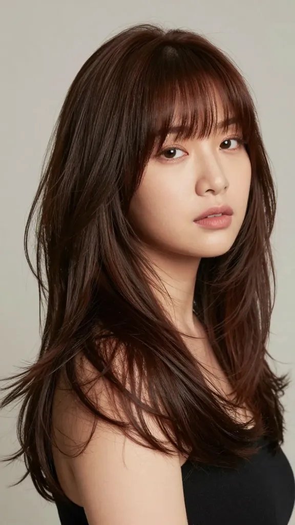 A high-resolution, photorealistic portrait of a stylish woman with a chubby, round face in a well-lit studio setting. The subject has long, fractionated layers starting near the crown with side-swept bangs that skim the brow, creating motion and a slimmer look. The hair should have soft, subtle layering at the sides to avoid bulk, with gentle waves adding drama without overpowering the face. The subject is posed slightly angled to the side, eyes looking toward the camera, conveying confidence and balance. Natural makeup that enhances eyes lightly and lips with a soft, neutral shade. Background should be a clean, neutral studio backdrop (light gray or beige) to keep the focus on the hair and face, with even, flattering lighting that highlights the layered texture and the side-swept bangs. No text, logos, or additional elements.
