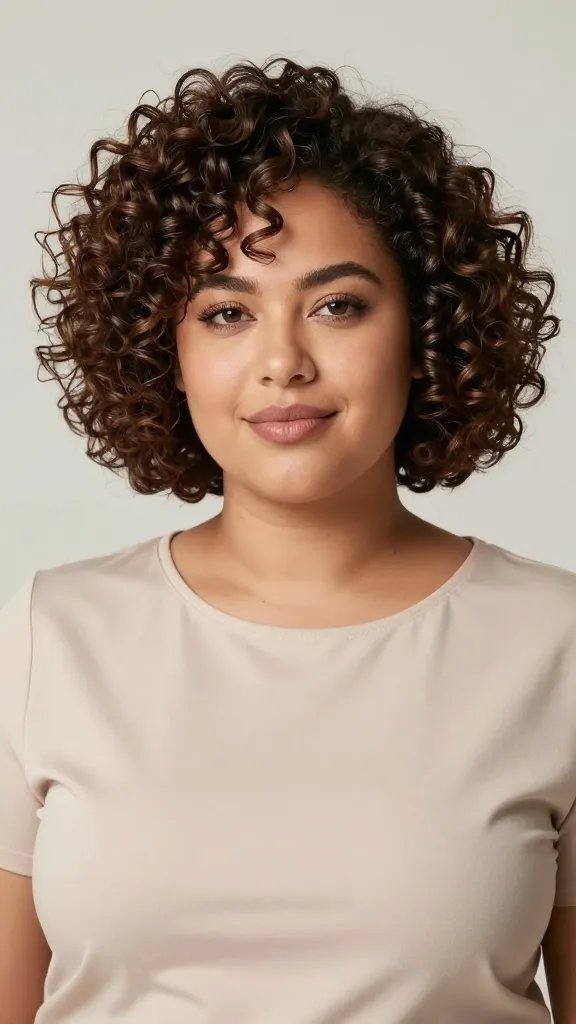 A high-resolution, realistic portrait of a confident woman with a chubby round face sporting a curly bob with tapered sides. The hairstyle features defined, bouncy curls that create height and elongate the face, with the sides gradually tapering to frame the jawline. The lighting is soft and natural, emphasizing healthy, shiny curls and a balanced silhouette. The subject stands in a light, airy studio environment with a neutral background, wearing a simple, elegant top in solid color to keep the focus on the hair. The overall mood is polished and uplifting, showcasing texture, volume, and the flattering shape of the curly bob with tapered sides. No text or branding in the image.