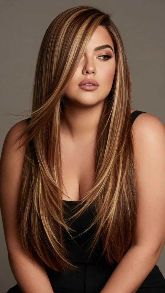 Create a high-resolution, realistic portrait of a stylish woman with a chubby round face featuring an asymmetrical haircut with highlighted strands. The hair should be longer on one side, sweeping diagonally across the cheekbone to create an off-center, avant-garde look. Include expertly placed, face-flattering highlights that run vertically through the hair to slim the facial appearance, with a subtle, sun-kissed color palette that suits warm skin tones. The lighting should be soft yet directional, emphasizing the lengthened silhouette and the glossy texture of the hair. Style: modern, confident, a touch diva&mdash;she should exude poise and sophistication, standing or seated against a neutral, slightly blurred studio backdrop that keeps the focus on her hair and face. No text on the image.