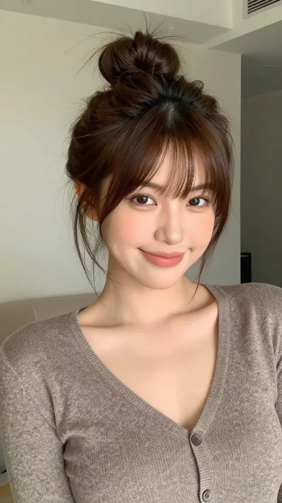 A realistic high-resolution portrait photo of a stylish, confident woman with a round chubby face, modeling a messy bun with face-framing pieces. She stands in a softly lit, modern yet cozy room with neutral tones. The top of her hair is pulled into a slightly elevated, casually tousled messy bun, with 2-3 wispy face-framing strands left loose to create vertical lines that slim the face. The bun sits higher on the crown for added length illusion. Her face-framing pieces are delicate, framing her cheeks and jawline without covering the eyes. She wears a simple, chic outfit (soft knit cardigan or blouse) in muted colors. Natural makeup with a soft, radiant glow enhances her features. Pose: relaxed yet poised, shoulders slightly angled, looking confidently toward the camera with a gentle smile. The image should feel candid and approachable, focusing on the hairstyle&rsquo;s balance and the face-framing effect. No text on the image.