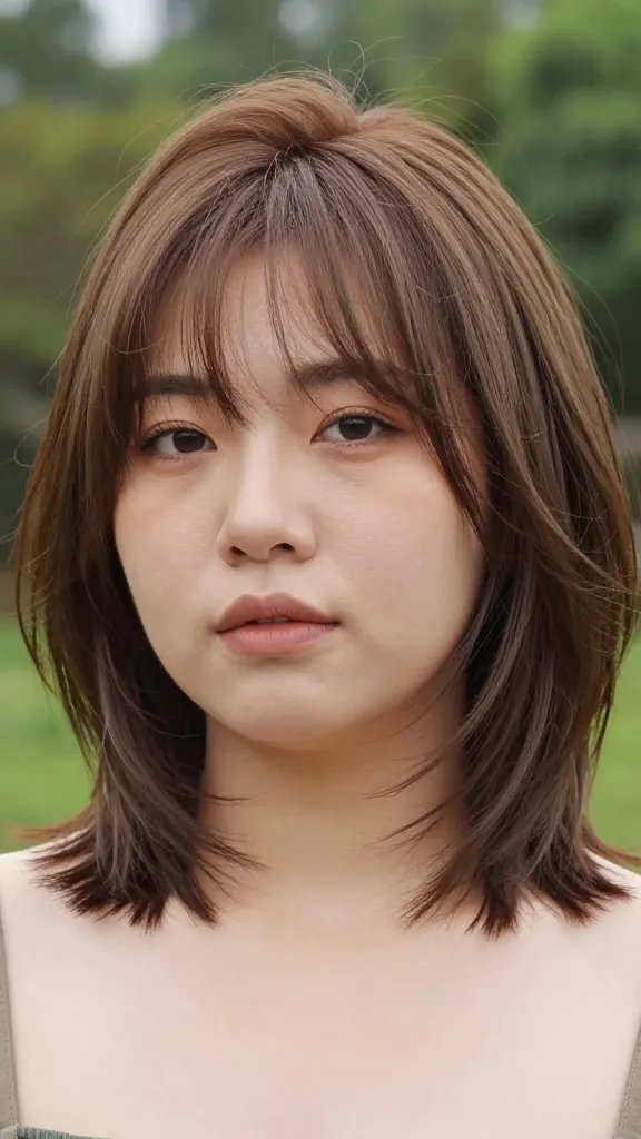 A high-resolution, realistic portrait of a stylish woman with a chubby round face wearing a fern-inspired layered bob. The hair is mid-neck length with soft elbow layers, airy and light with fern-like sparse layers around the cheeks to avoid bulk, and more volume at the crown. She has a carefree yet intentional vibe, subtle makeup, natural lighting, and a softly blurred outdoor background with greenery to emphasize the fresh, nature-inspired aesthetic. The overall look is polished, effortless, and modern, with minimal styling evident.