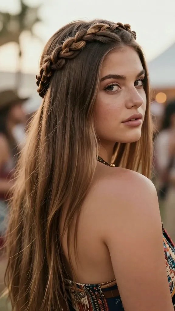 A realistic, high-quality portrait of a young woman with a chubby round face, styled for a Boho chic yet sleek look. She has long, straight hair and an intricate braided crown encircling the top of her head, with the rest of her hair straight, smooth, and smoothly contoured down her back. The lighting is soft and flattering, highlighting the vertical frame created by the crown to subtly slim and elevate her face. She stands outdoors in a festival-inspired setting with warm, natural tones, gentle sun rays, and a hint of bohemian accessories in the background. The overall mood is romantic and carefree, with sharp detail on the braid crown, hair texture, and facial features, ensuring a lifelike, cinematic quality. No text or logos on the image.