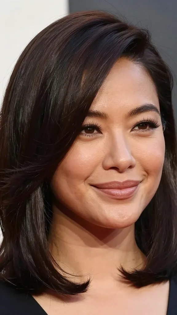 A realistic, high-quality close-up photograph of a woman with a soft, rounded face and warm skin tone, styled in a soft volume blowout with a deep side part. The hair is smooth and shiny, with voluminous crown and a dramatic side sweep that curves across the forehead, creating the illusion of a slimmer silhouette. The lighting is natural and flattering, highlighting the glossy texture of the hair and the gentle bounce at the ends. The subject is styled as if ready for a meeting or night out, exuding confidence with a subtle, relaxed smile, minimal makeup, and a polished, professional look. No text or branding visible in the image.