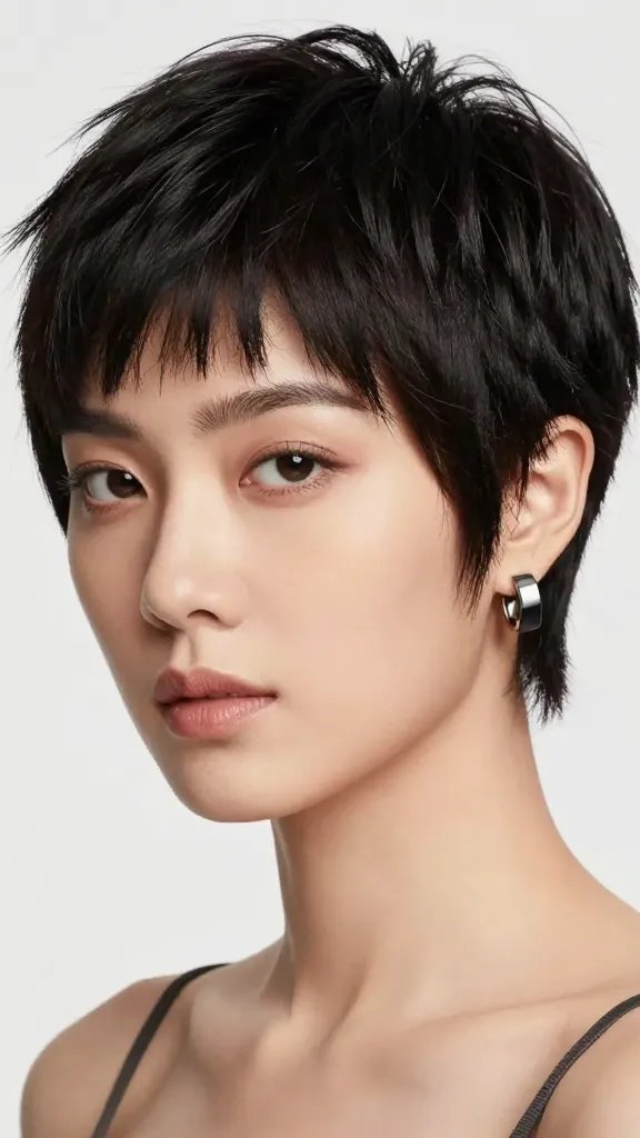 A high-resolution, realistic portrait of a stylish woman with a chic pixie haircut featuring a tapered neck and subtle hidden lengths at the sides. The crown is slightly longer than the back, creating a sleek line that elongates the lower face. Soft camouflage layering at the sides adds gentle texture without bulk. The subject wears bold, statement earrings that frame the face and draw attention to her cheekbones, set against a clean, softly lit backdrop. The overall look exudes subtle drama, fearless fashion, and modern sophistication, with natural makeup and impeccable texture on the hair to highlight the contrast between the short crown and the longer nape. No text on the image.
