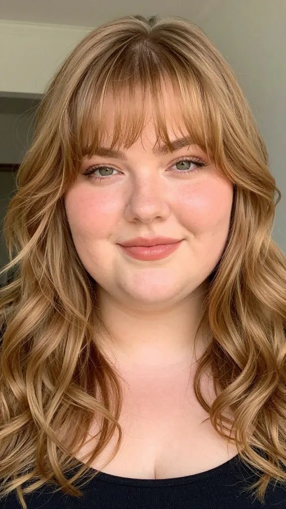 Create a high-resolution, realistic portrait of a plus-size woman with a chubby round face featuring medium curtain bangs and soft waves. She has a warm, glowing complexion, subtle makeup that enhances the eyes, and a relaxed, confident expression. Her hair is mid-length, with light, breathable curtain bangs that softly frame the forehead and gently part to the sides, transitioning into gentle, natural-looking waves that cascade around her shoulders. The lighting is natural and flattering, emphasizing smooth skin and the hair&rsquo;s soft texture, with a soft bokeh background that suggests an everyday glamorous vibe. The overall composition should convey a casual yet polished look suitable for daily wear. No text within the image.