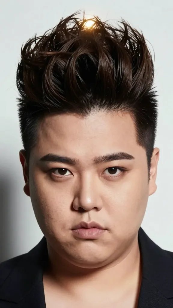 A high-resolution, cinematic portrait of a stylish person with a chubby, round face showcasing a dramatic high pompadour that adds height at the crown, paired with neatly tucked sides behind the ears for a polished finish. The hair should be voluminous at the top with soft, teased lift and a sleek, tucked-back look along the sides, framing a defined jawline. The subject exudes confidence and a playful, fearless vibe suitable for a Friday night aesthetic. Lighting is dramatic but flattering, with a subtle glow on the crown to emphasize height, soft shadows around the cheeks to slim the face, and a clean, modern background that keeps the focus on the hairstyle. The person should have natural makeup or a clean look to enhance features, wearing a stylish, contemporary outfit that complements the sophisticated yet edgy hairdo. No text included in the image.