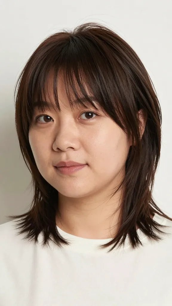 A realistic high-quality portrait of a stylish adult with a softly layered mullet and gentle texture, showcasing a modern mullet that is flattering for a chubby round face. The subject has short front layers that slim the sides and a longer back portion that adds length visually, with soft, airy front pieces and subtle movement in the hair. Use natural, flattering lighting that highlights textured layers without harsh shadows. The hairstyle should appear voluminous yet controlled, with a tactile, slightly glossy finish and visible texture spray for movement. The subject is posed in a clean, neutral studio setting, wearing a simple, solid-colored top to keep the focus on the haircut, with a confident, relaxed expression and direct gaze at the camera. No text or branding in the image.
