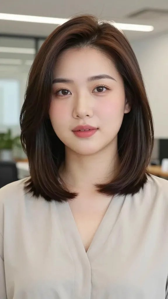 A high-resolution, realistic portrait of a stylish woman with a chubby round face, posing with a classic shoulder-length haircut that features a subtle inward tilt. The hair should be smooth and glossy, with gentle inward angles framing the cheeks to create a narrowing effect. She stands in a bright, softly lit, modern office-casual setting, wearing a chic, minimalist blouse in neutral tones. The background is slightly blurred to keep the focus on her facial structure and hairstyle. Natural makeup with soft pink lips and light blush, subtle morning glow, and a calm, confident expression. No visible text or logos in the scene.