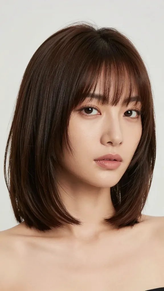 A high-resolution, realistic portrait of a stylish woman with a layered bob that features soft face-framing slices. The hair should be slightly longer in the front, with the length just below the chin and gentle layers around the cheeks to slim the face and define the jawline. Shoot from the shoulders up in a well-lit studio setting with a clean, neutral background. The hairstyle should have subtle angles and a gentle V-shape to add vertical lines and forward volume, giving the face a longer, leaner appearance. The subject should have natural makeup that enhances cheekbones and jawline, with a confident, relaxed expression and direct gaze toward the camera. Ensure the hair has realistic shine, texture, and movement, with a soft, modern look that reads as effortlessly chic. No text on the image.