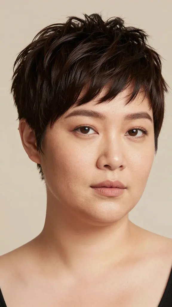 A high-resolution, photorealistic portrait of a confident woman with a chubby face showcasing a textured pixie hairstyle with a nape undercut. The top features choppy, layered textures that add height and movement, while the sides are slim and cleanly tapered to emphasize definition around the ears. The hair should have a matte finish, with subtle volume on top and soft, natural waves to enhance dimension. The subject&rsquo;s facial features appear balanced and elongated by the hairstyle, with a natural makeup look and a soft, neutral expression that exudes poise. Lighting is natural and flattering, highlighting the texture and dimension of the hair. Background should be a simple, unobtrusive studio backdrop in a warm neutral tone to keep the focus on the hairstyle. The overall image should be a single, realistic, high-quality photo of the main subject from the article title. No text on the image.