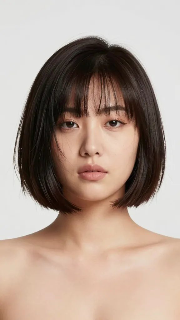 Create a high-resolution, hyper-realistic portrait of a stylish woman with a chubby/round face sporting an asymmetrical bob. The longer side should graze the collarbone, creating a diagonal line from temple to jaw that subtly slims the cheeks and elongates the silhouette. The bob should have minimal, smooth layers for sleek shine, with a lightly tousled texture achieved through subtle product use. The overall vibe is bold and contemporary, confident, and fashion-forward. Lighting is soft yet directional to highlight the angles of the face and the asymmetrical cut, with a clean, modern studio backdrop that keeps the focus on hair and face. The subject should be the main focal point, presented in a natural, flattering pose that enhances the bob&rsquo;s asymmetry and the delicate texture. No text or branding on the image.