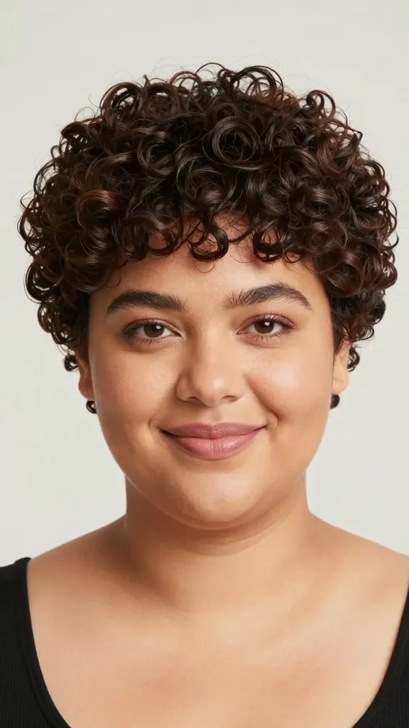 A high-resolution, naturalistic portrait of a confident woman with a chubby face sporting a curly faux hawk: medium curls or soft waves piled on top to add height, with tightly tapered sides for balanced impact. The top is voluminous with defined but relaxed curls, while the sides gradually taper into nontight edges. She has a warm, friendly expression, subtle makeup to enhance natural features, and a soft, lived-in finish achieved with light finger-combing. The lighting is soft and flattering, resembling a bright daylight studio setup, with a clean, neutral background to keep the focus on her hairstyle. The overall look conveys a day-to-night versatility, polished yet approachable, capturing texture, volume, and purposeful styling without any text on the image.