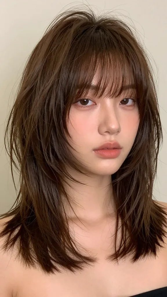 A realistic high-fashion portrait of a woman with a chubby face wearing a shaggy lob hairstyle with curtain bangs. The hair is a textured, layered long bob that grazes the collarbone, with soft, face-framing curtain bangs that gently open up the eyes and soften the cheeks. Her hair has natural shine and subtle wave, achieved with texturizing spray, and she is styled with a round brush for bounce to create subtle volume at the crown. The length sits around the shoulders to add vertical lines, giving an effortless chic vibe. She wears minimal, flattering makeup with a light pink lip and soft eye makeup to emphasize the eyes. The backdrop is neutral and softly lit to highlight the hairstyle and her features, with a modern, playful yet low-maintenance aesthetic. No text on the image.