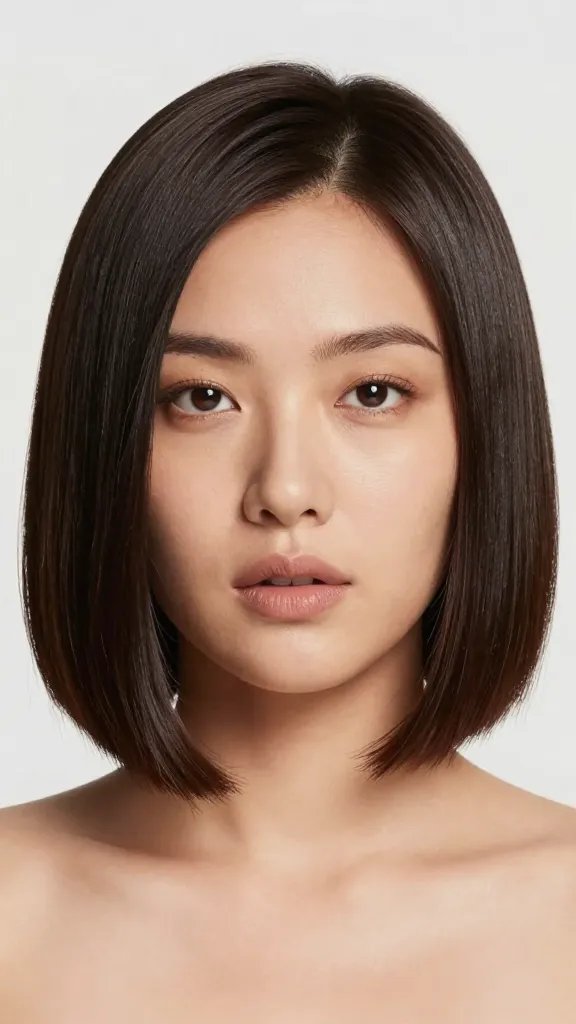A realistic, high-resolution portrait of a stylish woman with a chubby face wearing a sleek A-line bob with a deep side part, captured in a clean, well-lit studio setting. The hair features crisp, precise ends and a smooth, glassy finish, achieved with a straightener, and a subtle shine serum for a polished look. The deep side part creates a flattering diagonal line that visually lengthens the face, and the overall hairstyle exudes instant confidence with minimal styling. The subject should have natural makeup, neutral tones, and a composed, confident expression, with the focus clearly on the glossy, perfectly cut bob and crisp ends. No text or logos in the image.