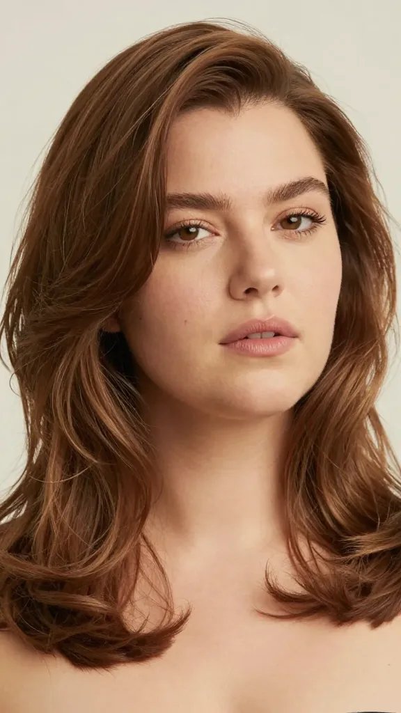A high-resolution, realistic portrait of a woman with a chubby face wearing a gentle wedge hairstyle that follows the natural head shape, featuring soft, natural-looking waves that add volume without widening the cheeks. The hair should have a subtle vintage vibe upgraded for today, with diffuse or air-dried texture and defined, light waves using a small amount of wave cream. The look should appear effortless and chic, with natural lighting that highlights the face contours and the gentle tuck of the wedge around the sides. The subject is styled from the shoulders up, positioned slightly angled to the camera to showcase the soft waves cascading and framing the face, in a modern, editorial-quality photograph with warm, flattering tones and a clean, neutral background. No text on the image.
