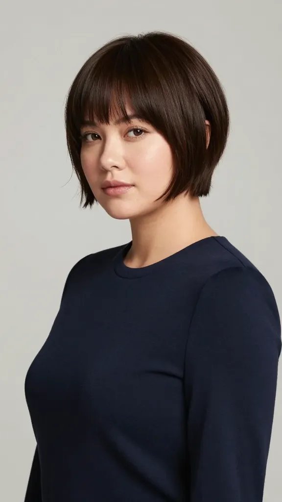 Create a realistic, high-quality portrait of a chic woman with a chubby face, showcasing classic micro bangs that are airy and soft, paired with a tidy, precision-trimmed back section. The subject stands in a modern, well-lit studio setting with a clean, neutral backdrop. Hair should be styled to elongate the face, with micro bangs sweeping slightly across the forehead and light, wispy fullness that avoids heaviness. The back section should be smooth, neatly tapered, and elevate the overall sculpted look. The subject's expression is confident and fashion-forward, wearing minimal makeup to emphasize natural features, and a simple, elegant outfit in solid, matte fabric. The lighting is soft and flattering, with gentle shadows to enhance facial contours, ensuring a balanced, editorial-grade image that highlights a bold, contemporary hairstyle for a chubby face. No text or logos on the image.