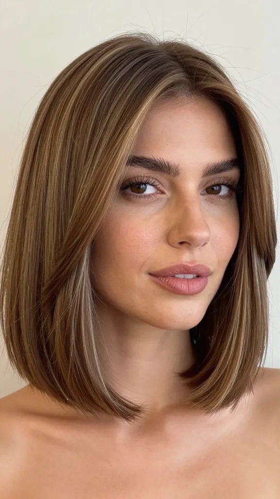 Create a hyper-realistic, high-resolution portrait of a stylish woman with a featured blocky bronde bob that subtly blends warm bronze and ash highlights to define the face. The haircut should have bold, geometric, rectangular blocks at the crown and sides, with hidden texture reinforcing natural movement and softness around the jawline. The subject&rsquo;s face is round; ensure color shading adds dimension and a subtle jawline chiseling effect without harsh lines. Lighting is natural and flattering, like a softly diffused studio midday light, with gentle shadows to enhance facial contours. The background is clean and neutral to keep full focus on the hairstyle and face. The subject should convey a polished, intentional yet effortless look suitable for busy mornings, with a confident, approachable expression. No text included in the image.