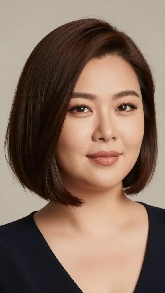Create a hyper-realistic, high-resolution portrait of a stylish woman with a chubby face wearing an angled bob with a deep side part. The hair should feature a strong diagonal line and a deep side part that creates a slimming effect and elongates the visage, with soft, layered ends to prevent bluntness. The scene is timeless and elegant, suitable for workdays, date nights, and brunch. The lighting is soft and flattering, highlighting the contours of the face and the depth of the haircut, with a natural, warm color palette. The background should be neutral and unobtrusive, ensuring the hairstyle and facial features are the focal point. The subject&rsquo;s expression is confident and approachable, conveying sophistication and warmth. No text or logos in the image.