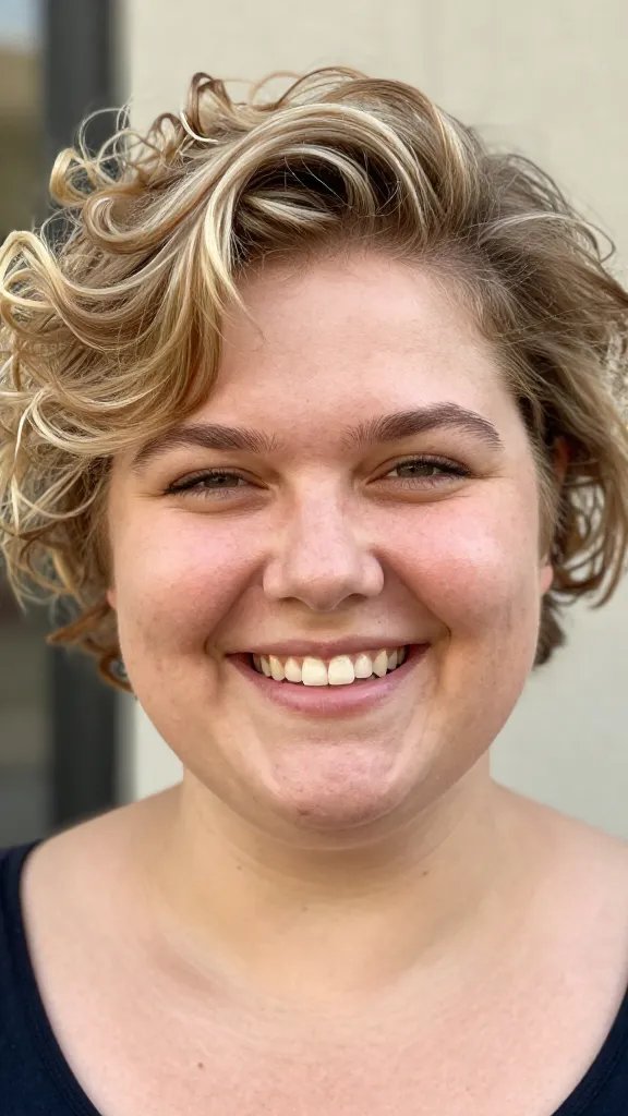 Create a hyper-realistic, high-resolution portrait of a smiling woman with a chubby-faced, rounded facial structure. She has short hair on top with soft curls at the ends that create a playful balance to her fuller lower face. The curls should look light and natural, with a subtle, beachy texture achieved using sea salt spray. A touch of light pomade should be visible to tame flyaways, keeping the look polished yet effortless. The lighting is bright, natural daylight that enhances a warm, approachable, energetic expression. The background is softly blurred to keep the focus on her face and hairstyle, with natural skin tones, minimal makeup, and a casual, friendly vibe. No text or logos in the image.
