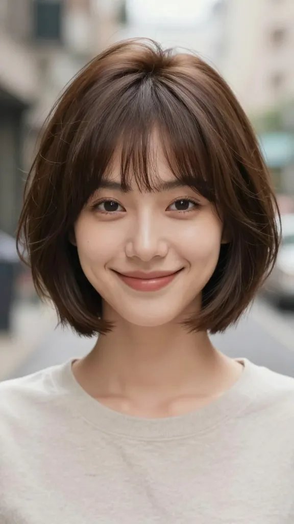 Create a high-resolution, realistic photo of a stylish woman with a cheerful, confident expression, showcasing a mushroom cut with subtle layering. Focus on a rounded, voluminous crown and a short nape for a clean silhouette, with layered strands around the crown to create lift and texture. The overall look should read as retro-inspired yet modern and wearable, conveying a soft, cozy vibe with an edge. Natural, flattering lighting highlights the smooth, glossy hair and healthy shine. The subject should be centered, dressed in a simple, neutral top that keeps the hairstyle as the focal point, with a softly blurred urban or studio background to enhance the contemporary aesthetic. No text on the image.
