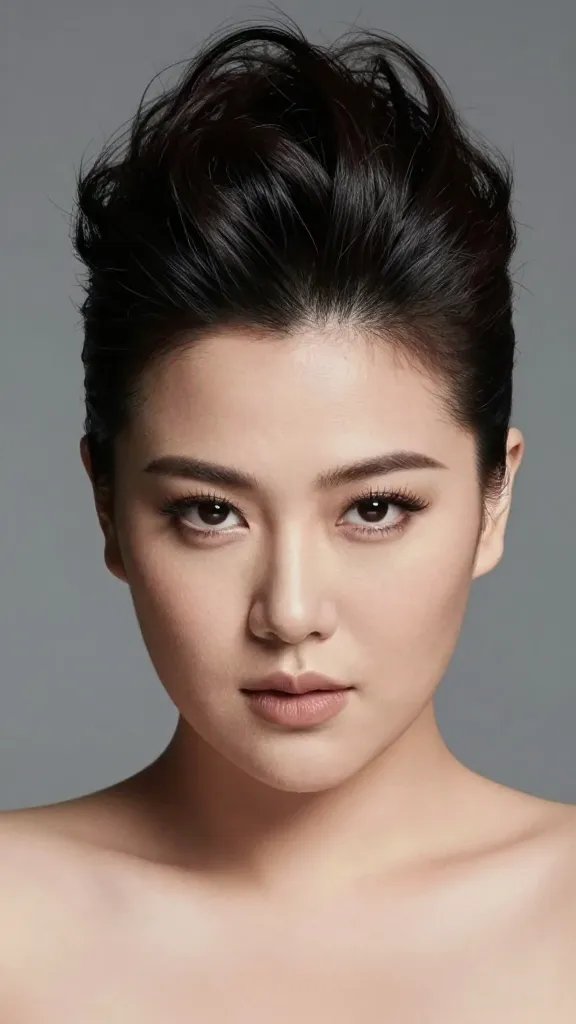 Create a high-resolution, photorealistic portrait of a confident woman with a balanced, chubby face wearing a chic hairstyle described as a high crown with sleek sides. The top has significant volume, lifting the crown to create height, while the sides are smoothly tapered, close to the head for a compact silhouette. The lighting is soft yet directional, emphasizing the volume at the crown and the sleek, matte finish of the hair to minimize shine. The subject should have a poised, strong demeanor, with subtle makeup that enhances natural features without distraction. The background is a neutral studio backdrop in cool tones to keep the focus on the hairstyle. The overall look conveys a strong, confident silhouette suitable for a fashion-forward portrait. No text on the image.