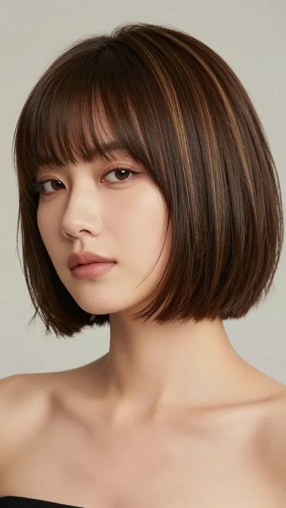 A high-resolution, photorealistic portrait of a stylish woman with a tapered bob that softly frames a chubby face, her hair featuring subtle peekaboo highlights peeking from the nape and underlayers to add depth and elongate the face; the highlights should be low-contrast and natural-looking, blending seamlessly with the hair color. The lighting is soft and flattering, with a gentle glow that enhances a fresh, low-maintenance style. The background is neutral and unobtrusive to keep the focus on the hair and face, and the subject exudes confidence and effortless chic without any visible text or logos in the image.