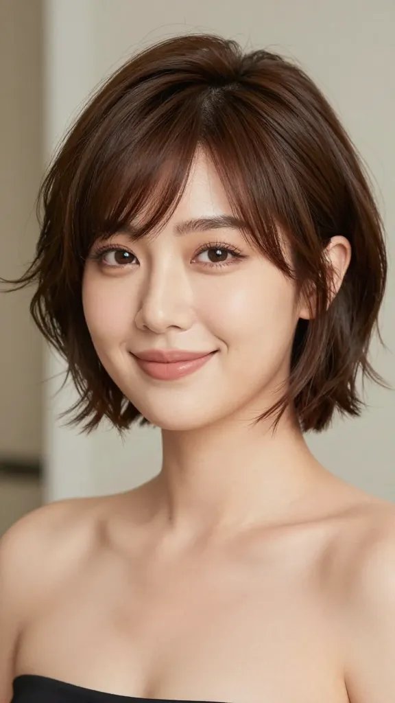 A high-resolution, realistic portrait of a chic woman with a chubby face wearing a short layered coif with a side-swept fringe. The hairstyle features soft, feathered layers that frame the cheeks and add subtle height, with the side-swept fringe sweeping across one temple for balance. The lighting is bright and natural, highlighting the volume and polished finish of the hair with a light hold texture that keeps the shape intact. The subject is styled for versatile occasions&mdash;appearing elegant enough for a wedding, professional for an office day, and relaxed for a casual weekend&mdash;standing against a softly blurred, neutral background that emphasizes her confident smile and well-defined features. The overall look is modern, sophisticated, and glamorous, with realistic skin tones, detailed hair texture, and a clean, natural makeup palette.