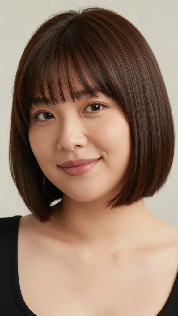Create a hyper-realistic, high-resolution portrait of a confident woman with a chubby/round face wearing an ultra-soft blunt cut with a gentle taper. The hair should be blunt at the ends but subtly tapered through the crown to avoid a heavy look, with crisp yet approachable ends. The texture should appear natural with a light, touchable shine and a hint of texture spray for a breathable, everyday vibe. The style reads polished and modern, suitable for a no-fuss, confident aesthetic. The subject should be posed in soft, natural light against a neutral, unobtrusive backdrop, with a relaxed expression and slight, natural smile to convey effortless fabulousness. Ensure the image is free of text and focuses on realism, hair detail, and facial proportions that flatter a round face.