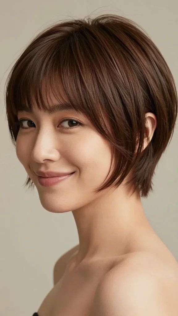 A realistic, high-quality portrait of a stylish woman with a soft, layered pixie cut and a gentle side-swept fringe, posed in a flattering three-quarter view to highlight cheekbones and soften round facial features. The crown has light, breathable layering to reduce bulk, creating subtle texture and movement, while the swoop fringe forms diagonal lines that balance the face. The lighting is natural and soft, emphasizing the texture and shine of the hair, with a neutral, warm background that complements medium-density hair. The subject exudes approachable chic confidence with a slight smile, minimal makeup, and a clean, polished look suitable for a fashion editorial. No text in the image.
